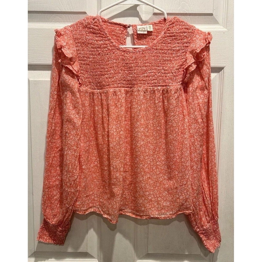 Billabong x Wrangler Womens Large Coral Floral Smocked Long Sleeve Blouse Ruffle